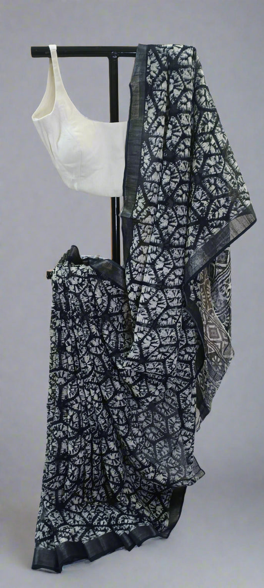 Eclipse Shadow Ajrakh Print Linen Saree