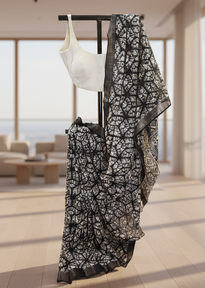 Eclipse Shadow Ajrakh Print Linen Saree