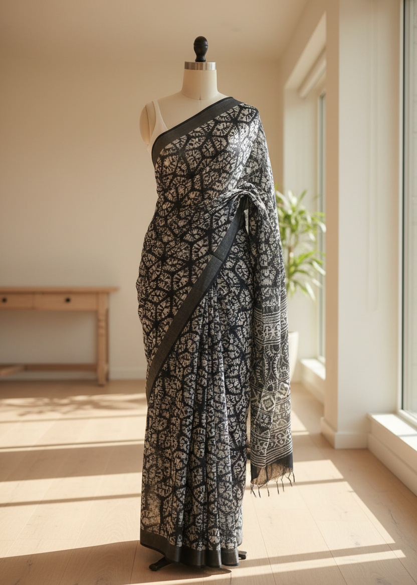Black and white patterned linen saree on a mannequin in a bright room with natural light.