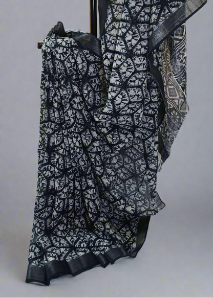 Eclipse Shadow Ajrakh Print Linen Saree