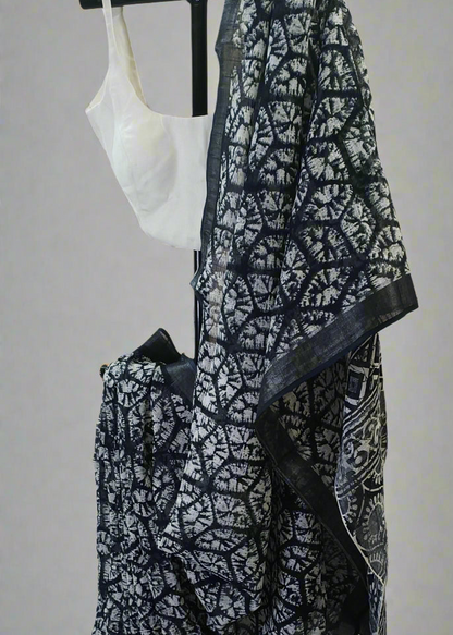 Eclipse Shadow Ajrakh Print Linen Saree