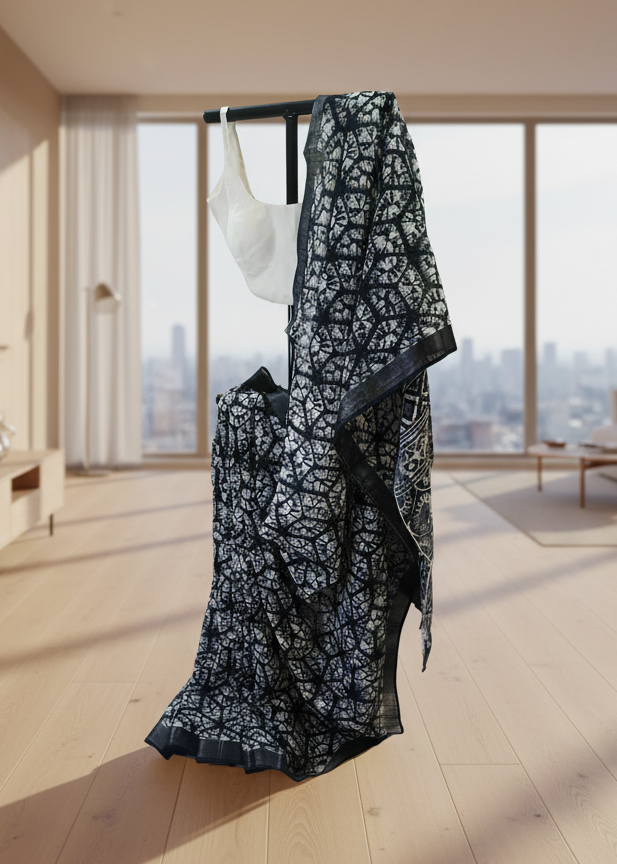 Eclipse Shadow Ajrakh Print Linen Saree