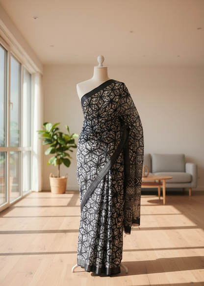 Eclipse Shadow Ajrakh Print Linen Saree