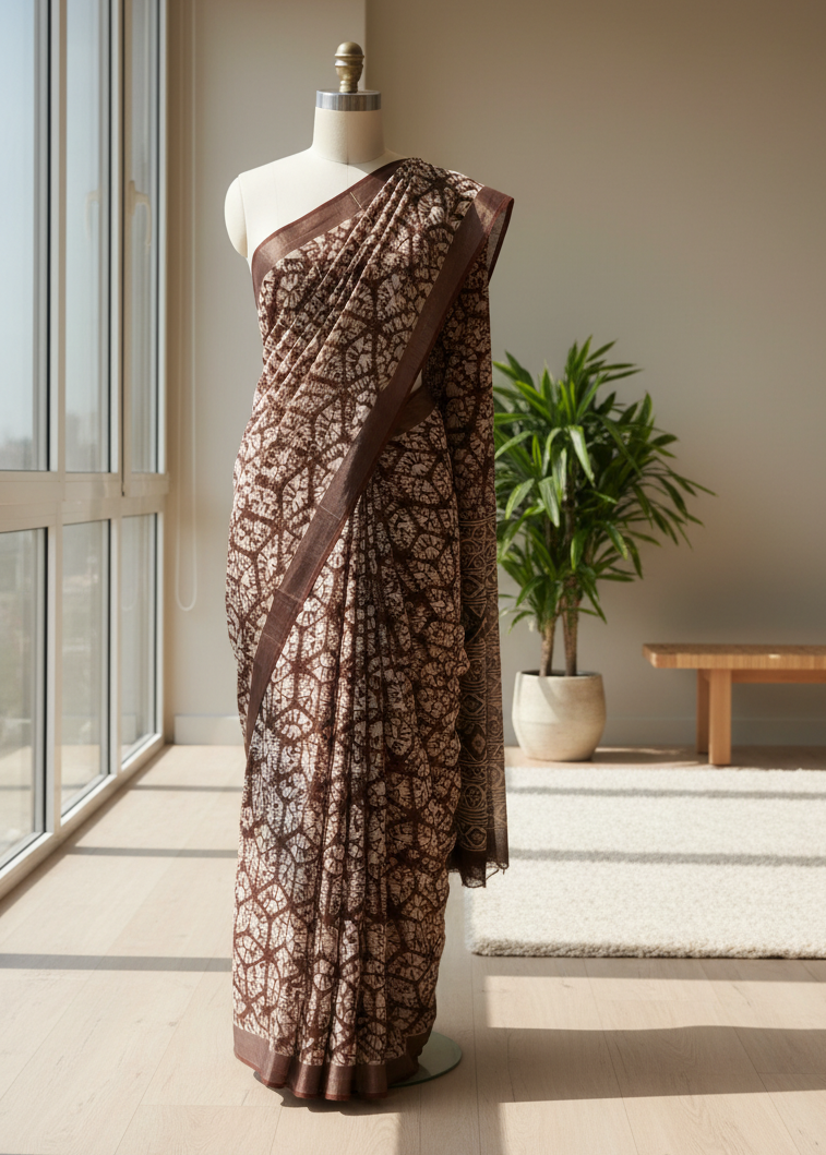 Brown saree with white patterns on a mannequin against a neutral background