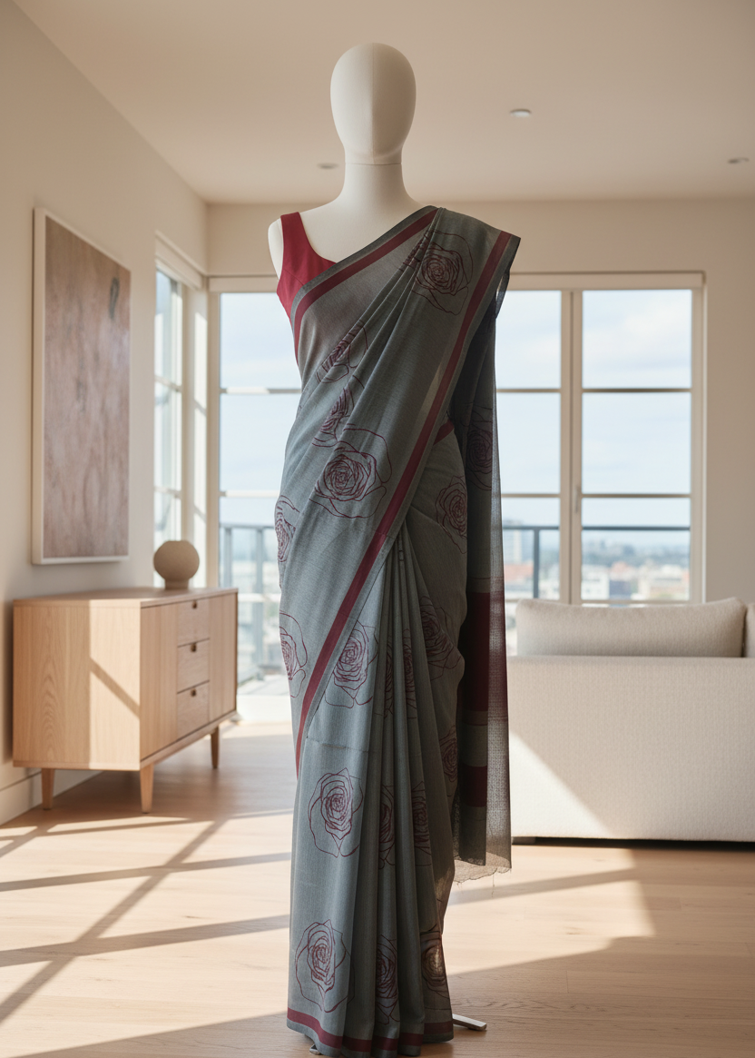 Mannequin wearing a cotton saree in a room with large windows and modern decor.