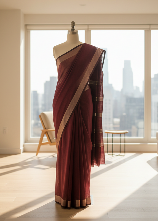 Maroon cotton saree with silver border on a mannequin against a cityscape background