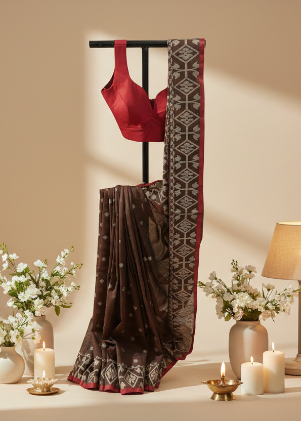 Kukkutsha Brown Cotton Saree