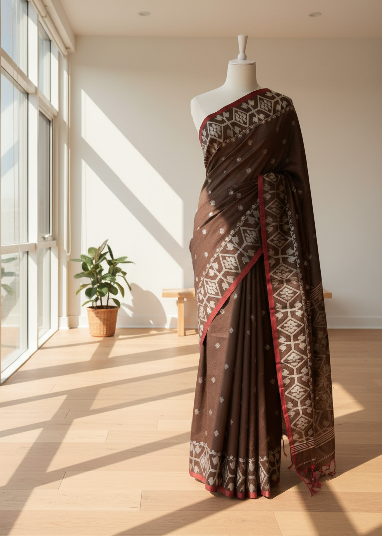Brown linen saree with white patterns on a mannequin against a bright room background