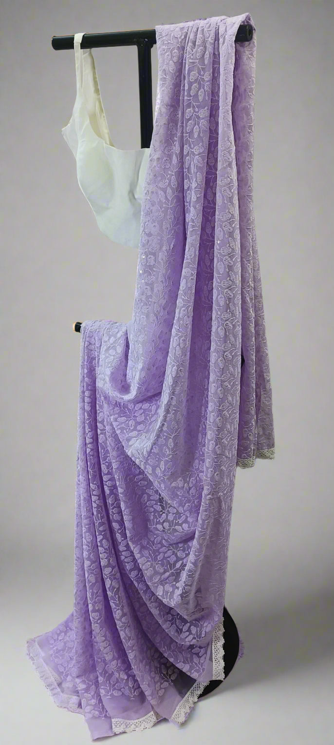 Lavender Whisper Chikankari Work Saree