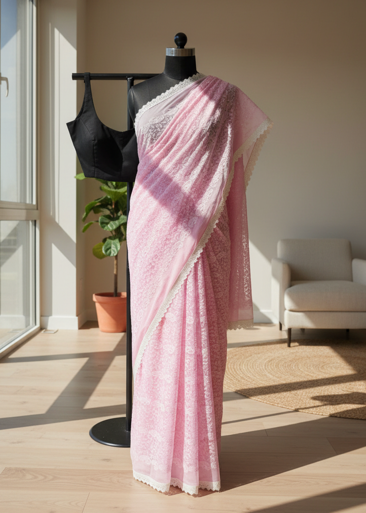 Pink chikankari work saree with white border on a mannequin against a neutral background