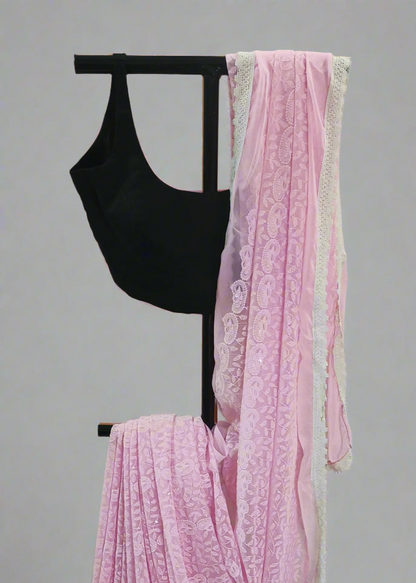 Gulaabi Reva Chikankari Work Saree
