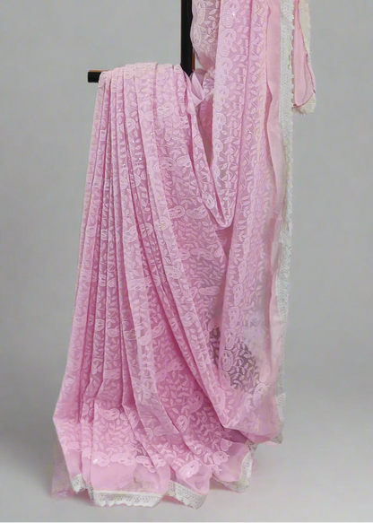 Gulaabi Reva Chikankari Work Saree