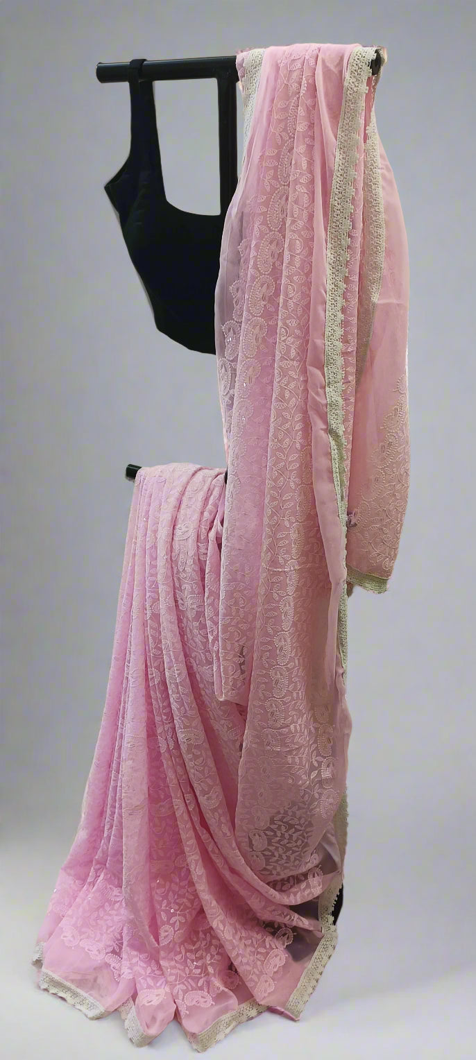 Gulaabi Reva Chikankari Net Saree
