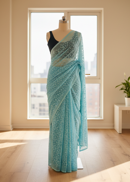 Light blue chikankari work saree with black blouse on a mannequin against a window backdrop