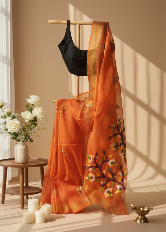 Amber Grove Muslin Saree with Tree Motifs