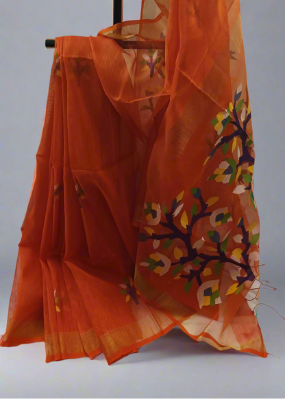 Amber Grove Muslin Saree with Tree Motifs