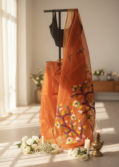 Amber Grove Muslin Saree with Tree Motifs