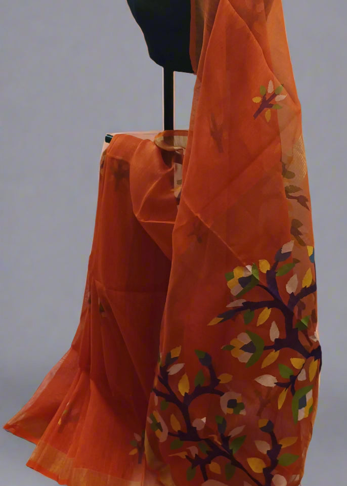 Amber Grove Muslin Saree with Tree Motifs