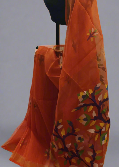 Amber Grove Muslin Saree with Tree Motifs