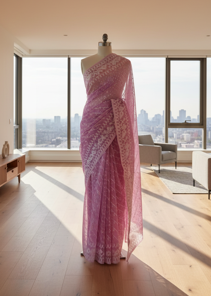 Pink saree jamdani cotton on a mannequin in a room with large windows showing a cityscape.
