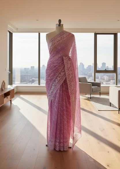 Pink saree jamdani cotton on a mannequin in a room with large windows showing a cityscape.