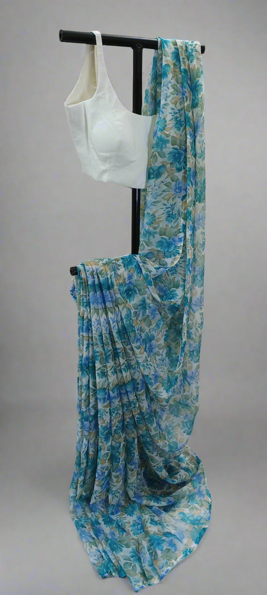 Aqua Petal Bloom Chiffon Saree