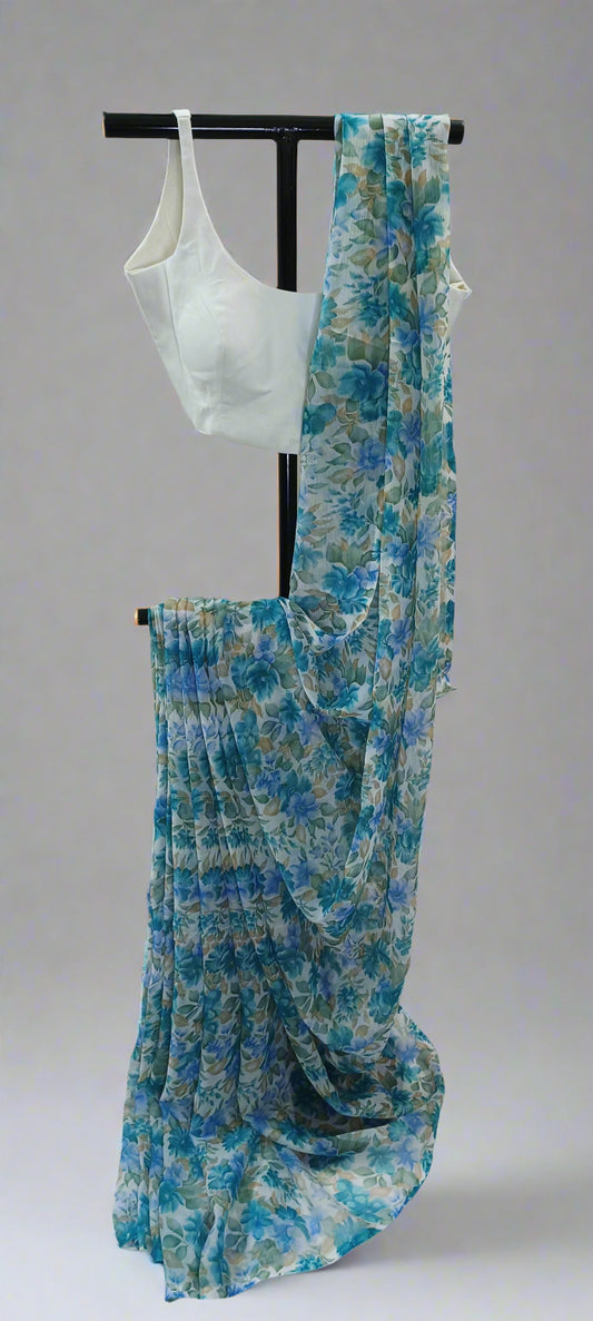 Aqua Petal Bloom Chiffon Saree