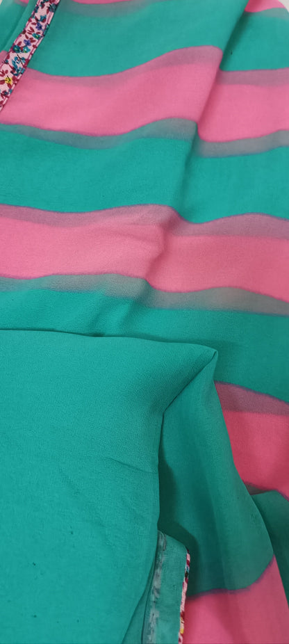 Bubble Mint & Blossom Stripe Chiffon Saree