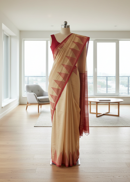 Beige cotton saree with red border on a mannequin in a room with large windows.