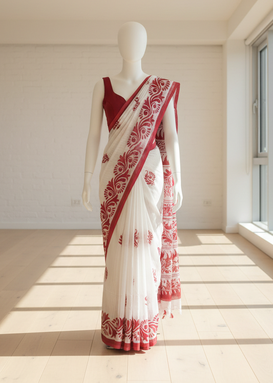 White cotton saree with red patterns on a mannequin in a bright room.
