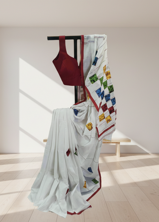 Utsav Shwet Cotton Hand Block Saree