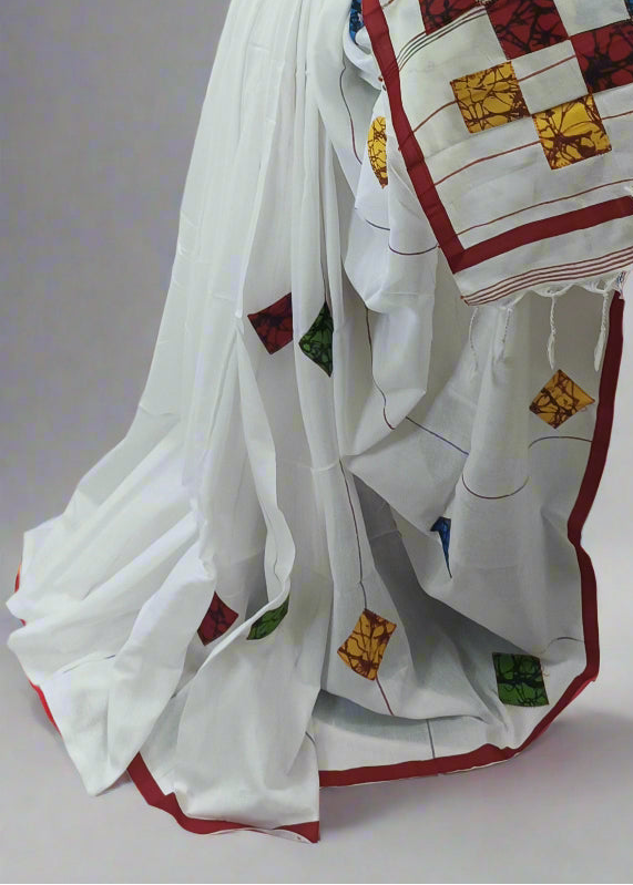 Utsav Shwet Cotton Hand Block Saree