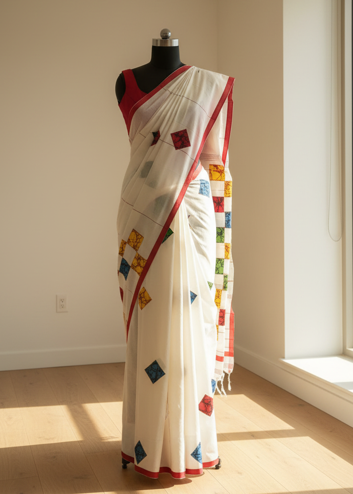 white cotton Saree with colorful patterns on a mannequin against a neutral wall.