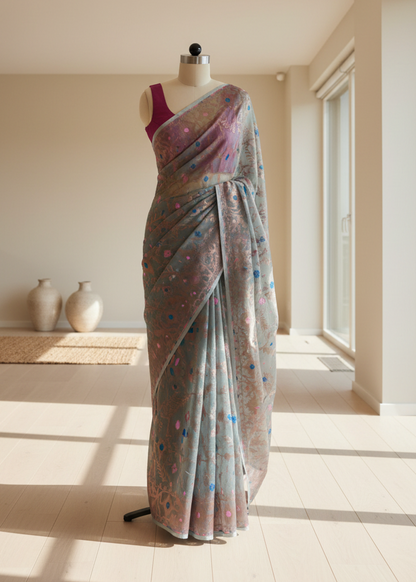 grey linen Saree on a mannequin in a bright room with light-colored walls and a window.