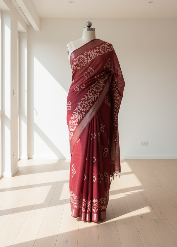 Red cotton saree with white patterns on a mannequin against a white wall.