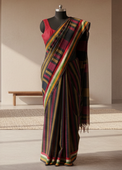Bhuri-Kaali Linen Cotton Saree
