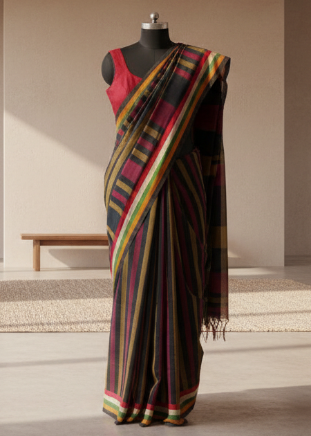 Bhuri-Kaali Linen Cotton Saree