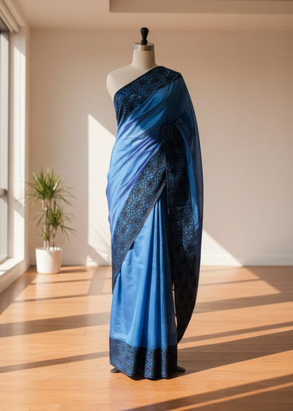 Blue cotton saree with black patterns on a mannequin against a neutral wall.