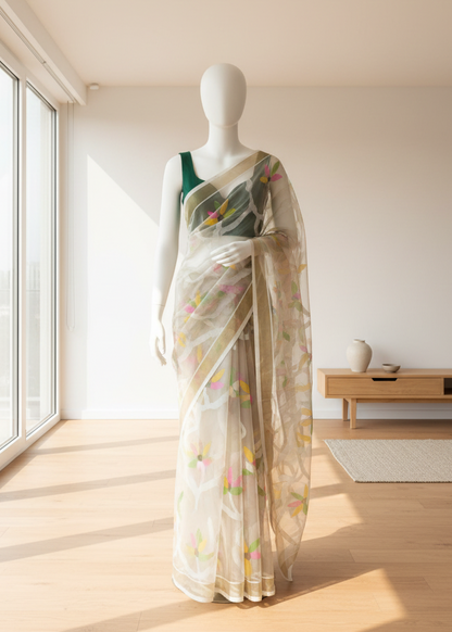 Mannequin wearing a floral jamdani saree in a bright room with large windows.