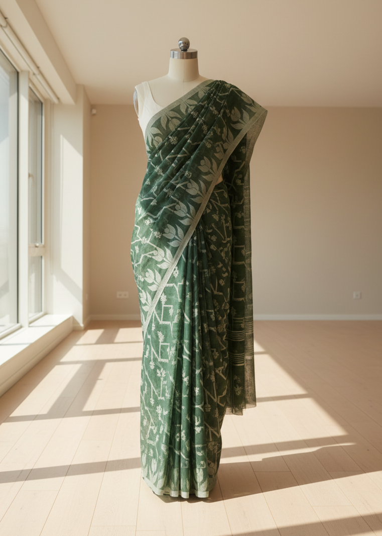 Green linen jamdani saree with white patterns on a mannequin in a bright room.