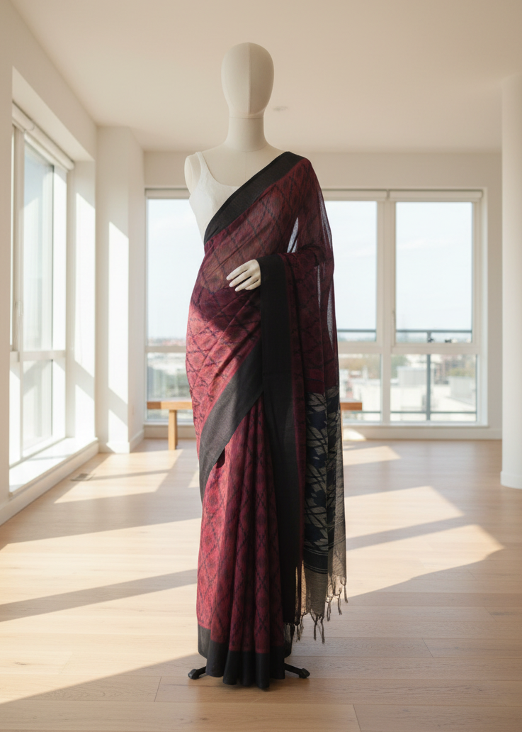 Red kotki print cotton saree with black border on a mannequin in a bright room with large windows.