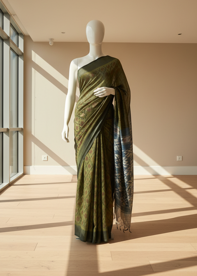 Mannequin wearing a green printed cotton saree in a room with large windows.