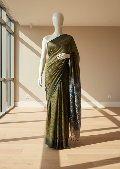Mannequin wearing a green printed cotton saree in a room with large windows.