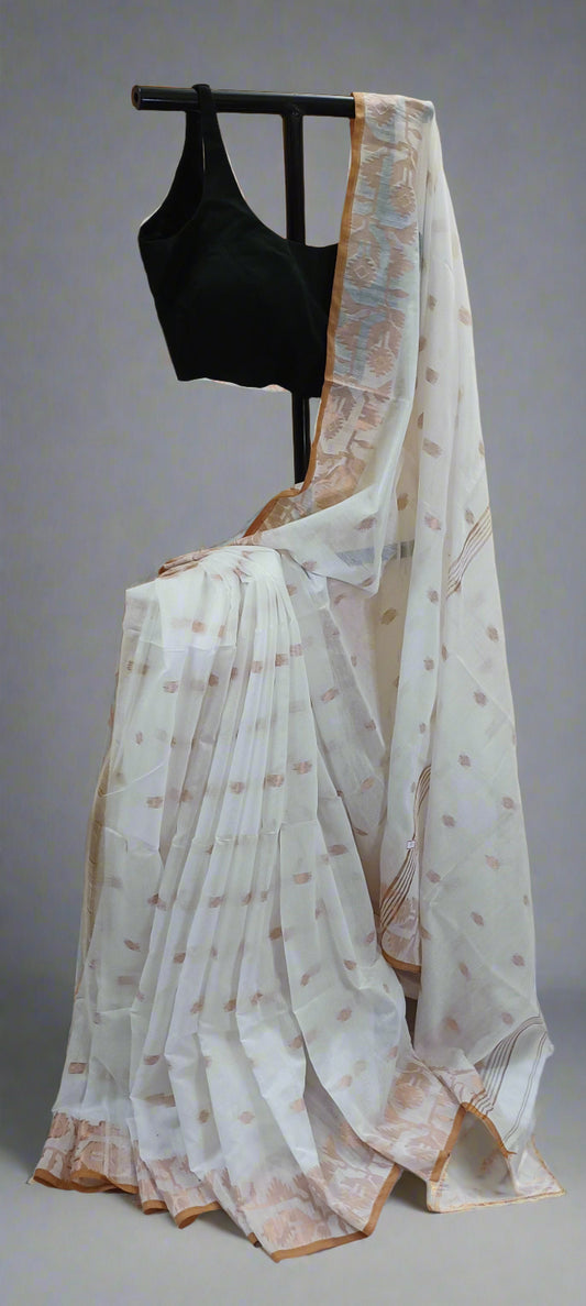 KOMOLKANTI White Jamdani Cotton Saree