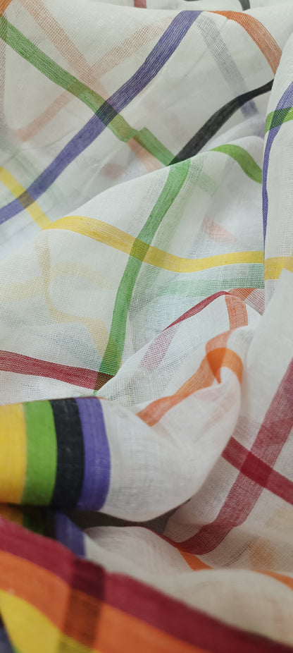 RANGREKHA Rainbow-Checked White Cotton Saree
