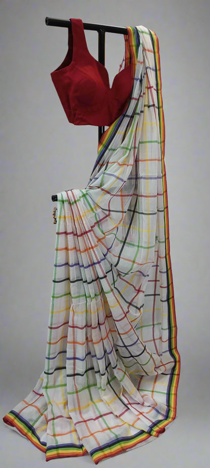 RANGREKHA Rainbow-Checked White Cotton Saree