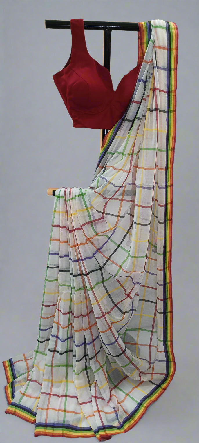 RANGREKHA Rainbow-Checked White Cotton Saree