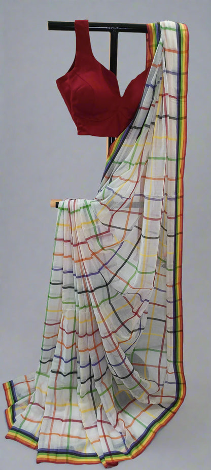 RANGREKHA Rainbow-Checked White Cotton Saree