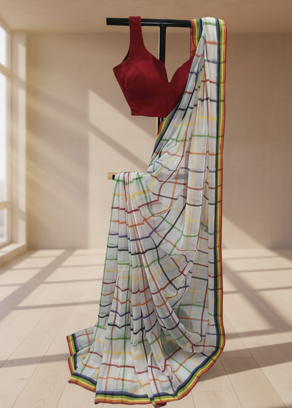 RANGREKHA Rainbow-Checked White Cotton Saree