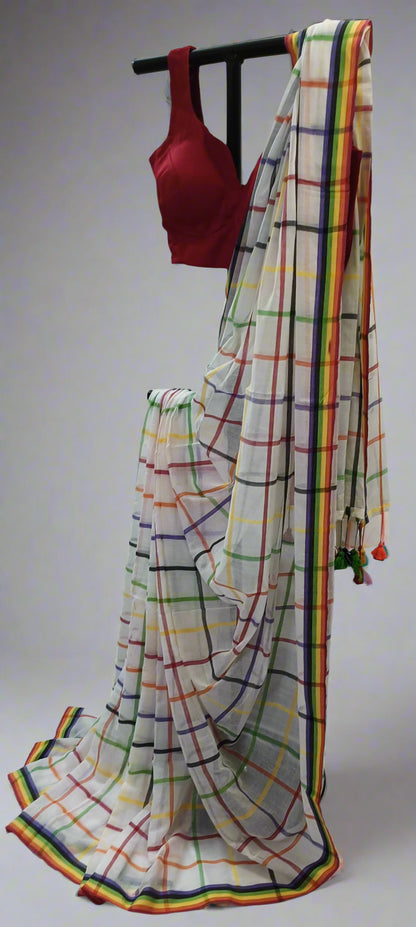 RANGREKHA Rainbow-Checked White Cotton Saree
